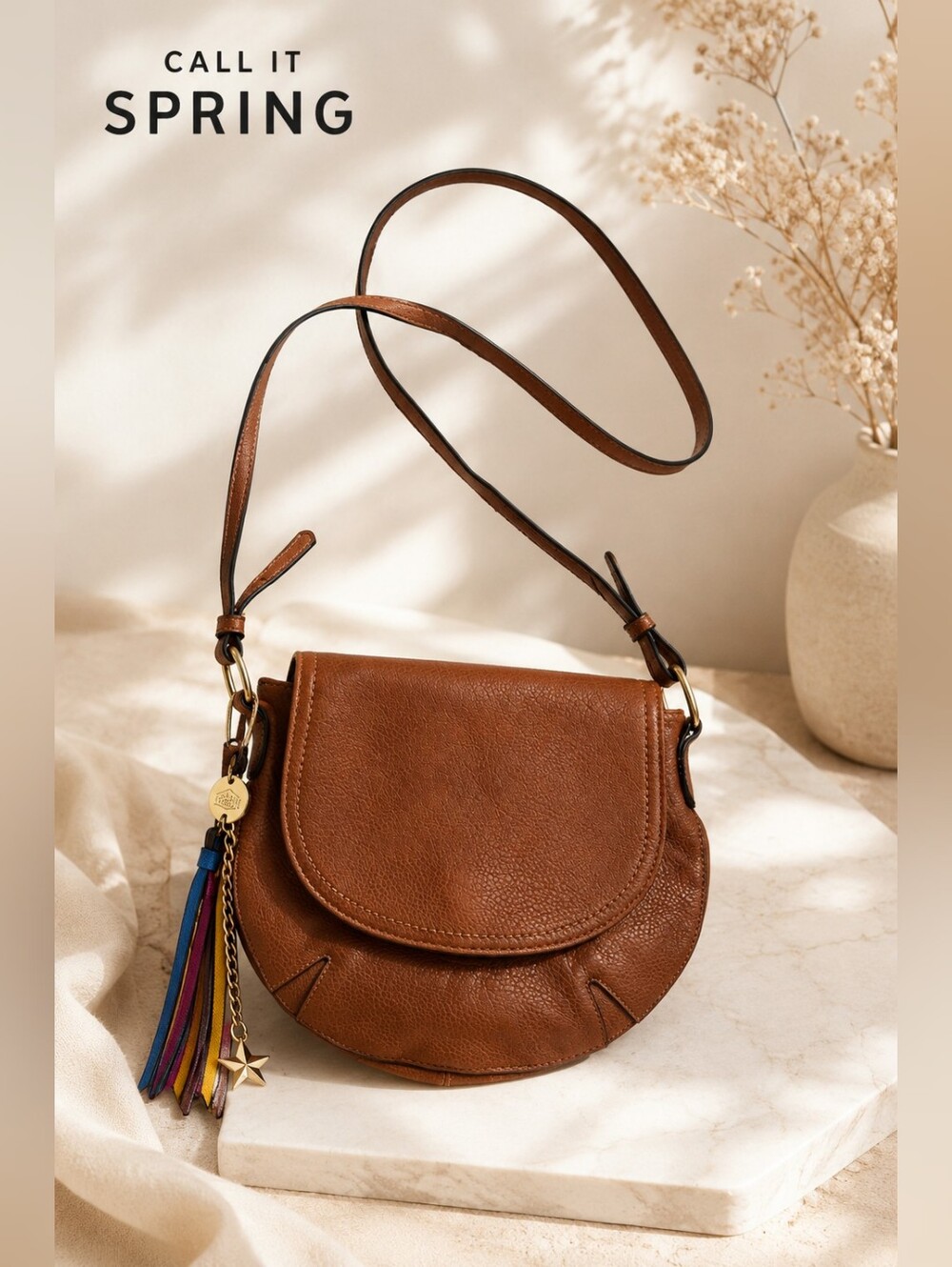 Call It Spring Brown Rounded Flap Crossbody with Tassel Charm